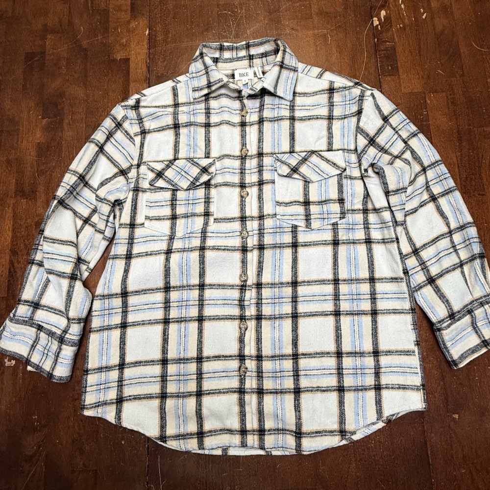 BKE Boyfriend Brushed Knit Plaid Flannel Shirt Womens Size‎ Small Cream & Blue